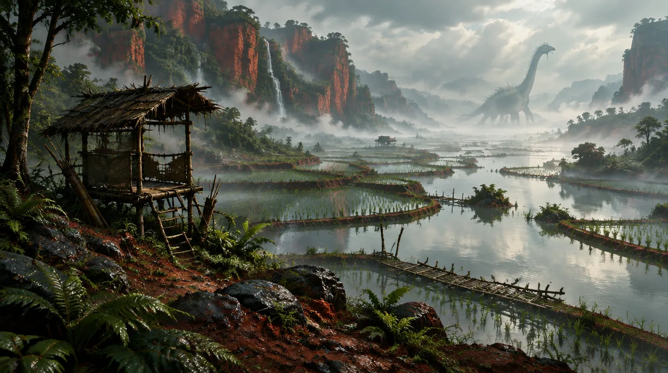 Sawah bertingkat tergenang di bawah tebing merah, kabut rendah di atas air, siluet makhluk berleher panjang di kejauhan.